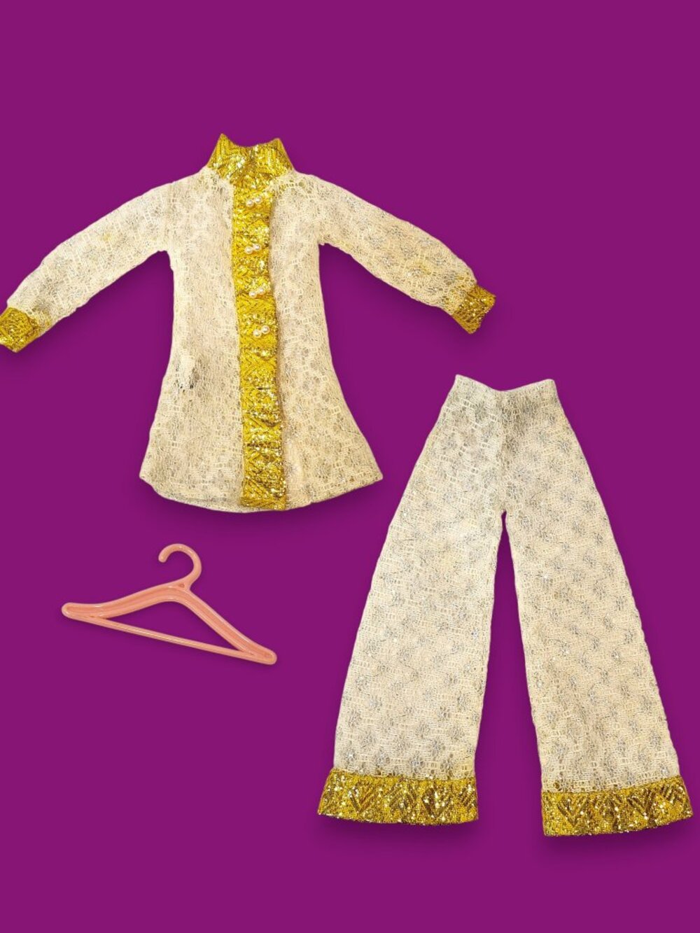 1969 Vintage Barbie Shillman Mod White Lace Gold Brocade Suit Made in Hong Kong